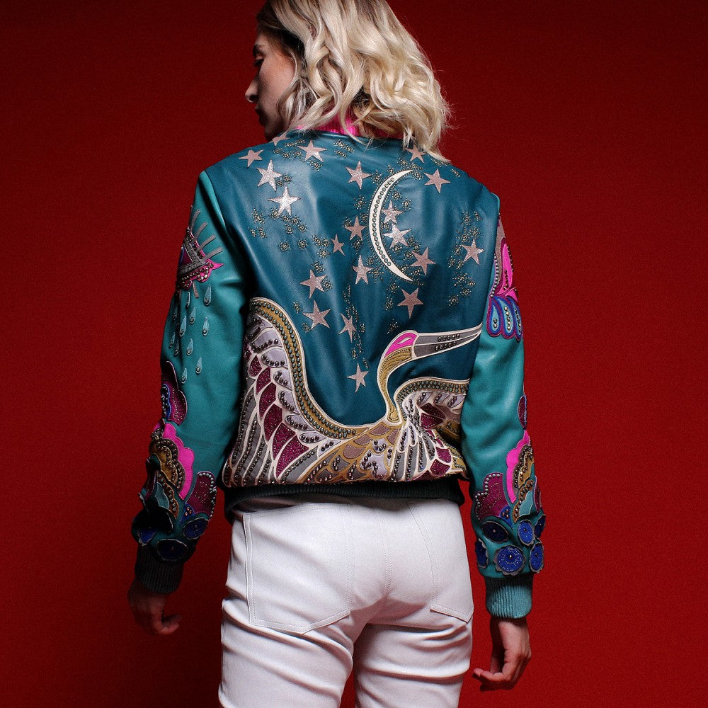 Multicolor Sheepskin Bomber Jacket with Swarovski Details