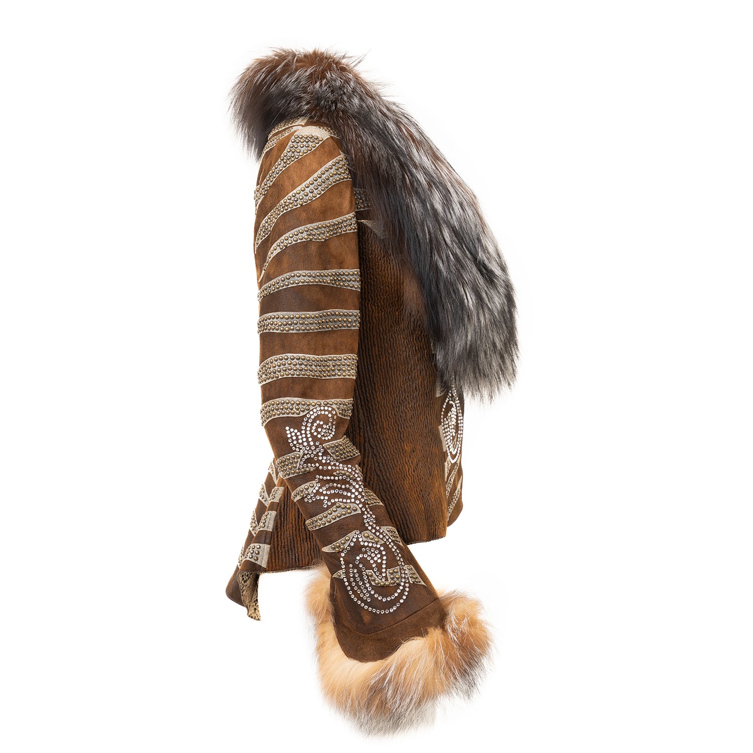 Leather Jacket with Fox Fur Collar, Cuffs & Swarovski Appliqués