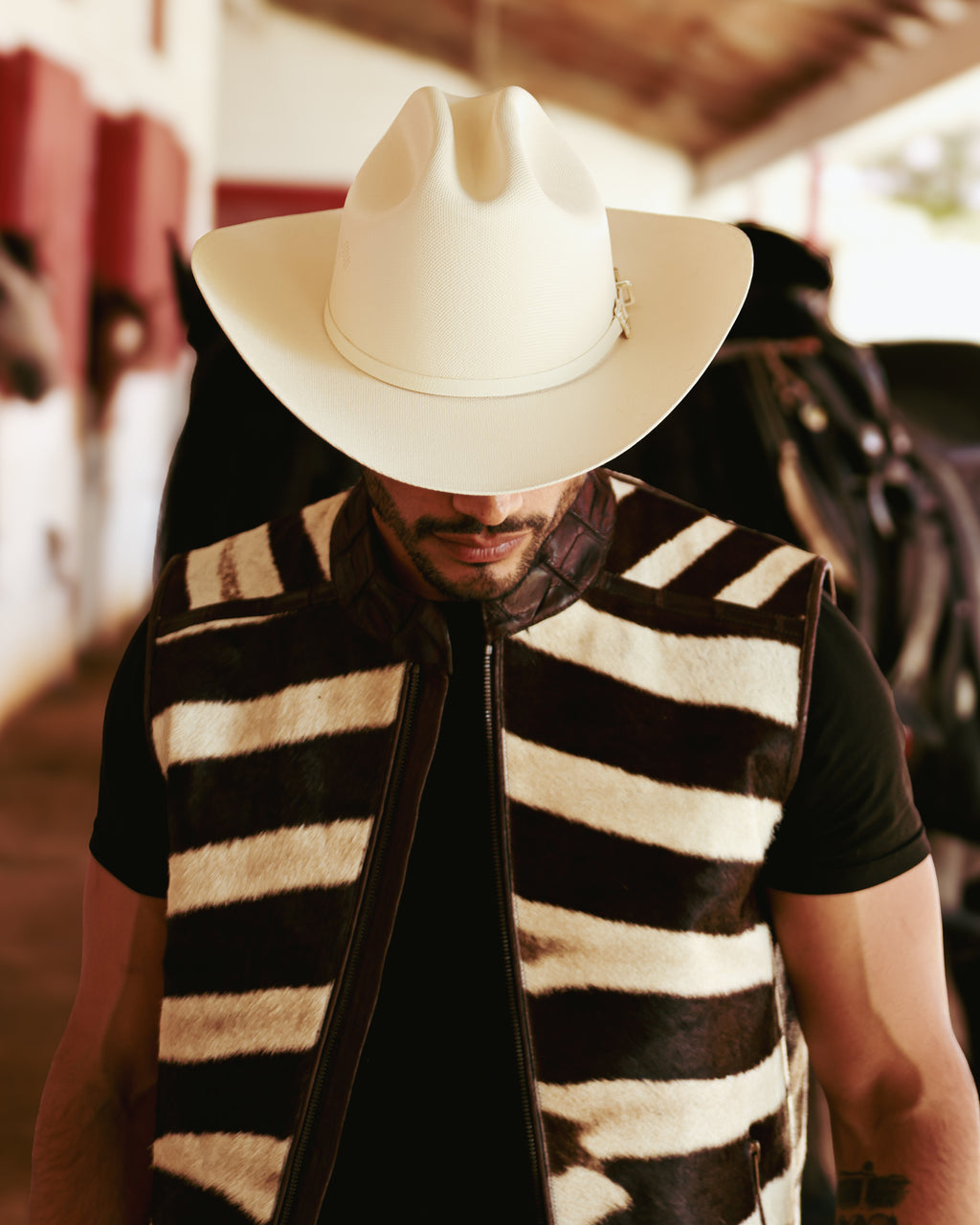 Zebra Leather Vest with Alligator Appliqué