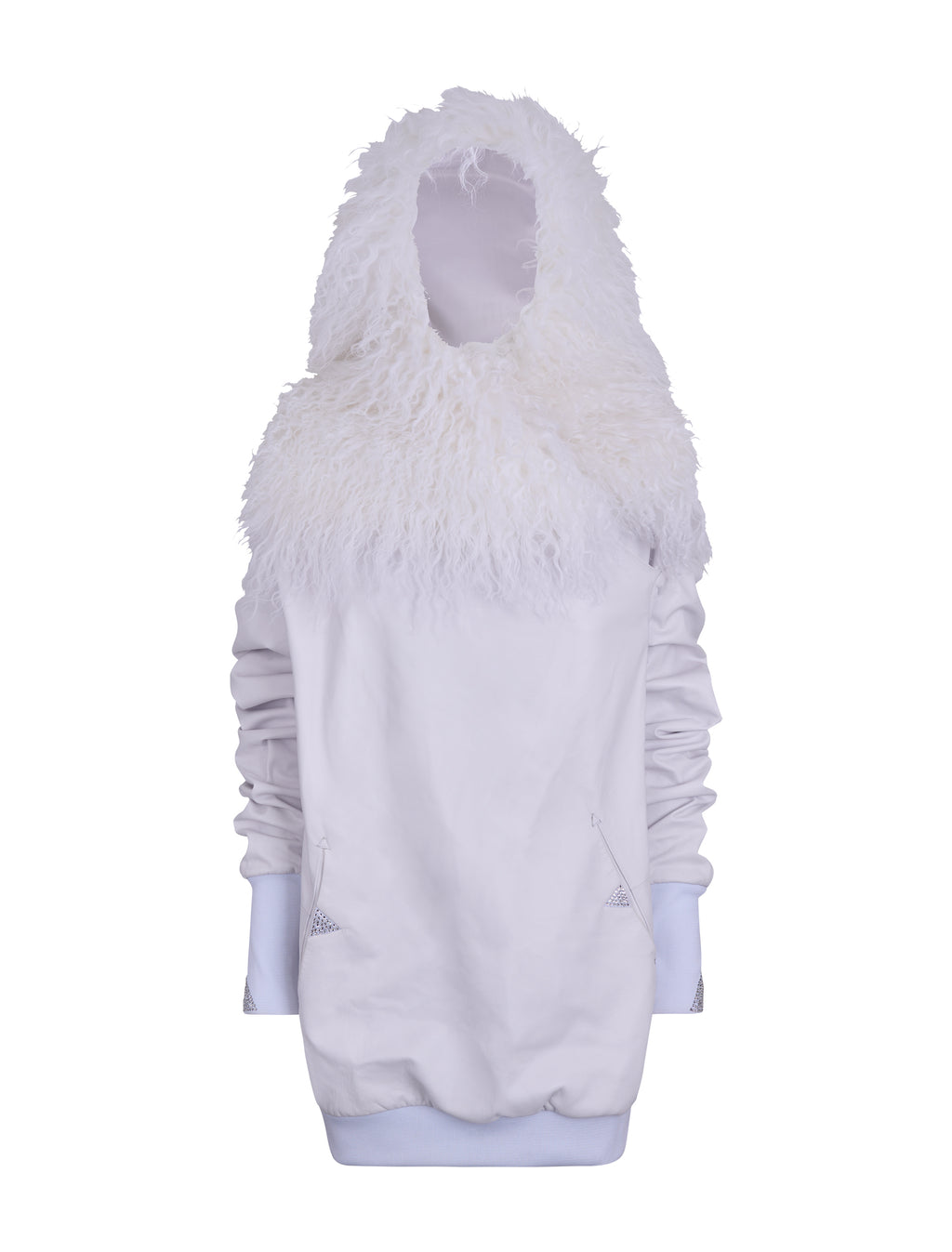 White Leather Hoodie with Mongolian Lamb Fur Hood