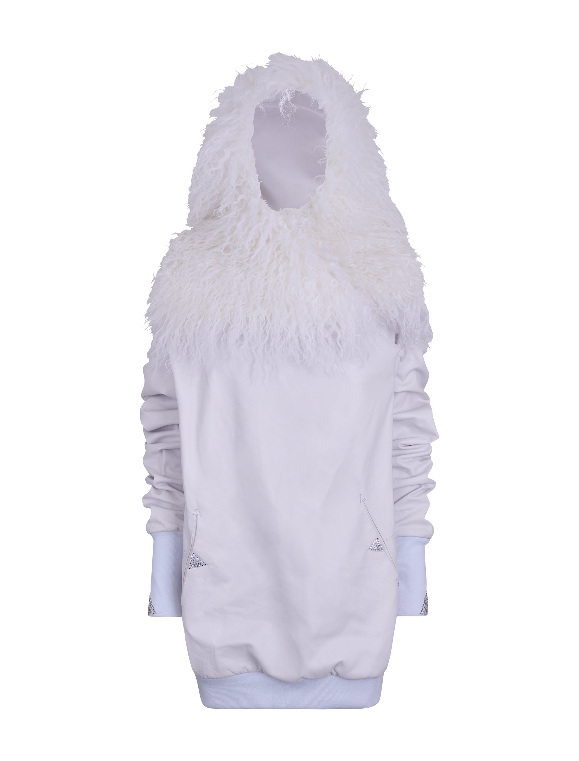 White Leather Hoodie with Mongolian Lamb Fur Hood