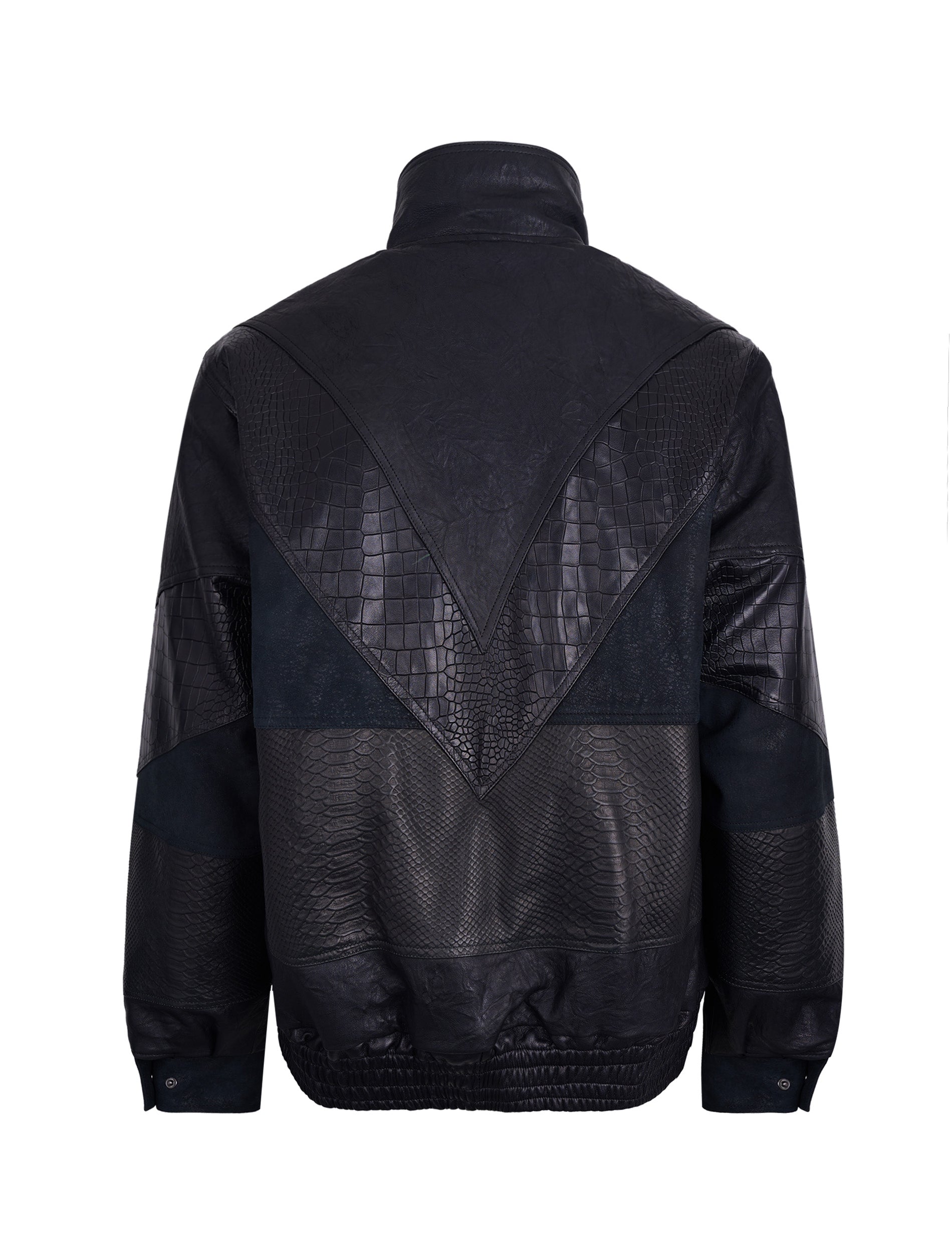 Black Leather Bomber with Mixed-Texture Paneling