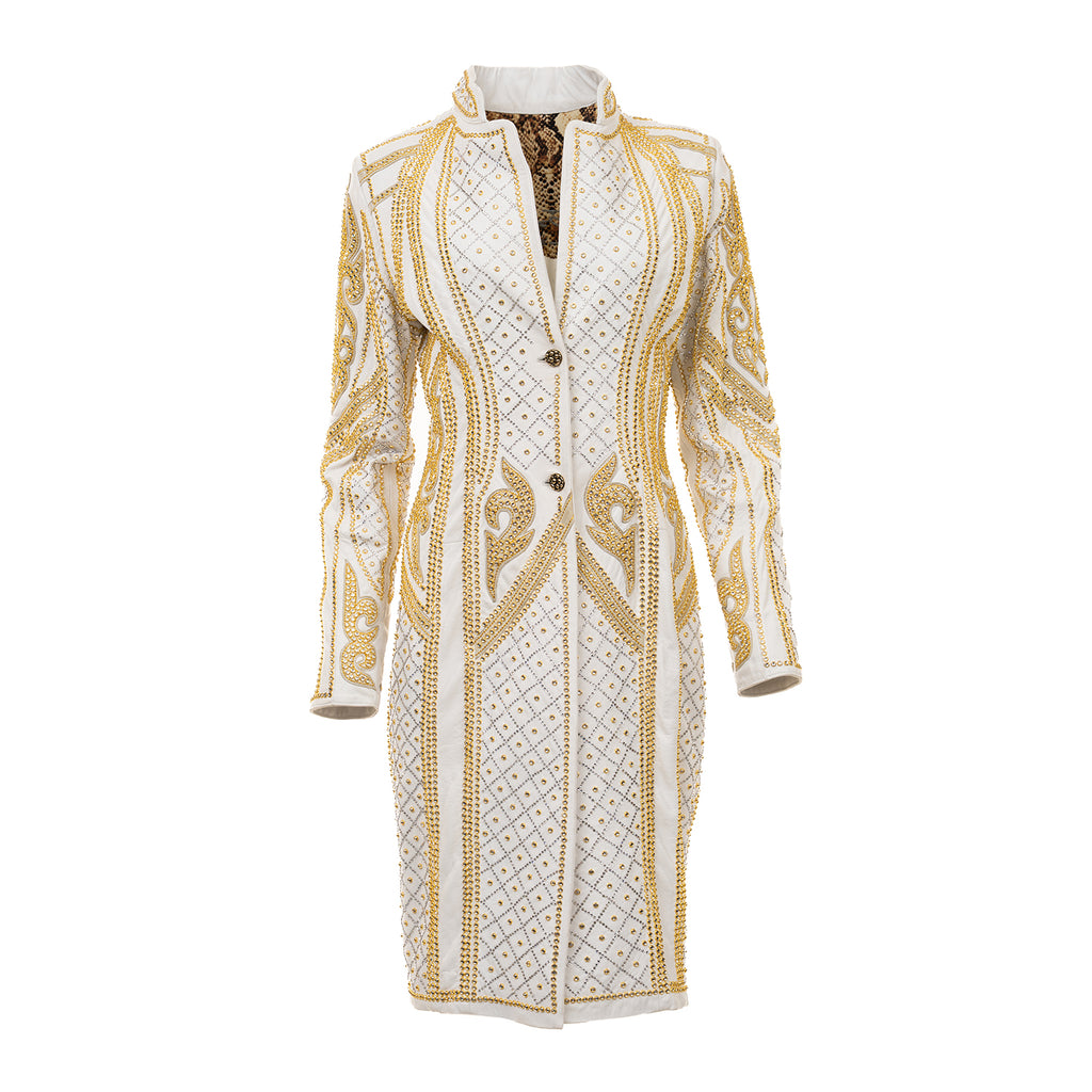 White Leather Coat with Gold Swarovski Embellishments