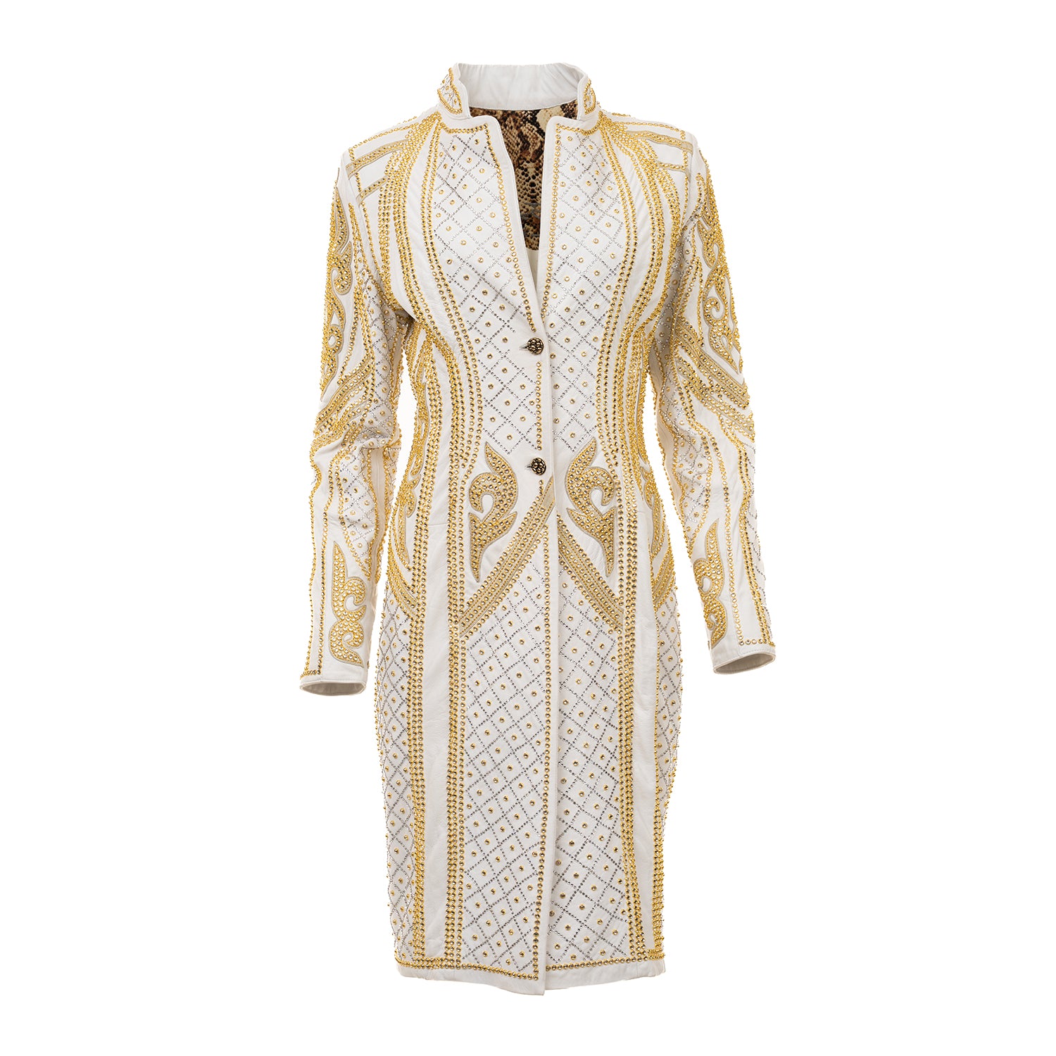 White Leather Coat with Gold Swarovski Embellishments