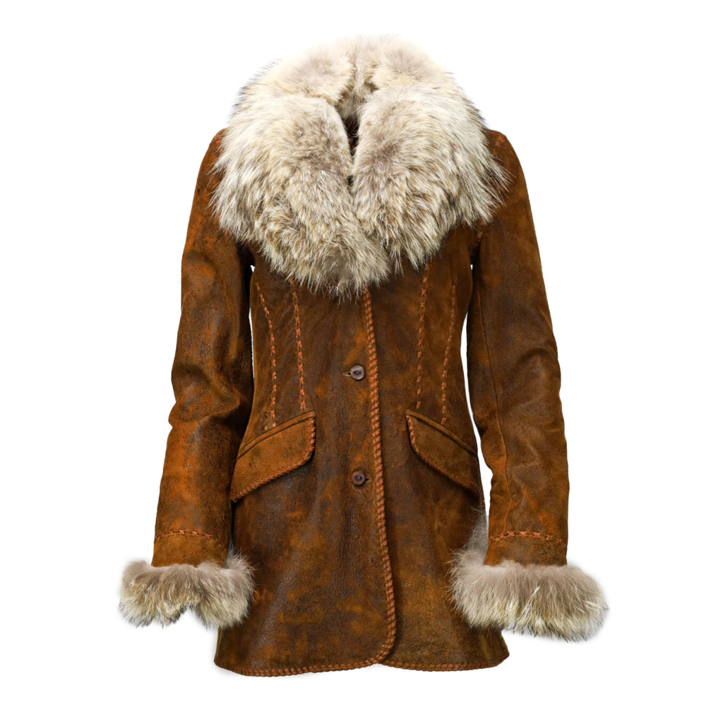 Leather cognac coat with coyote fur Collar