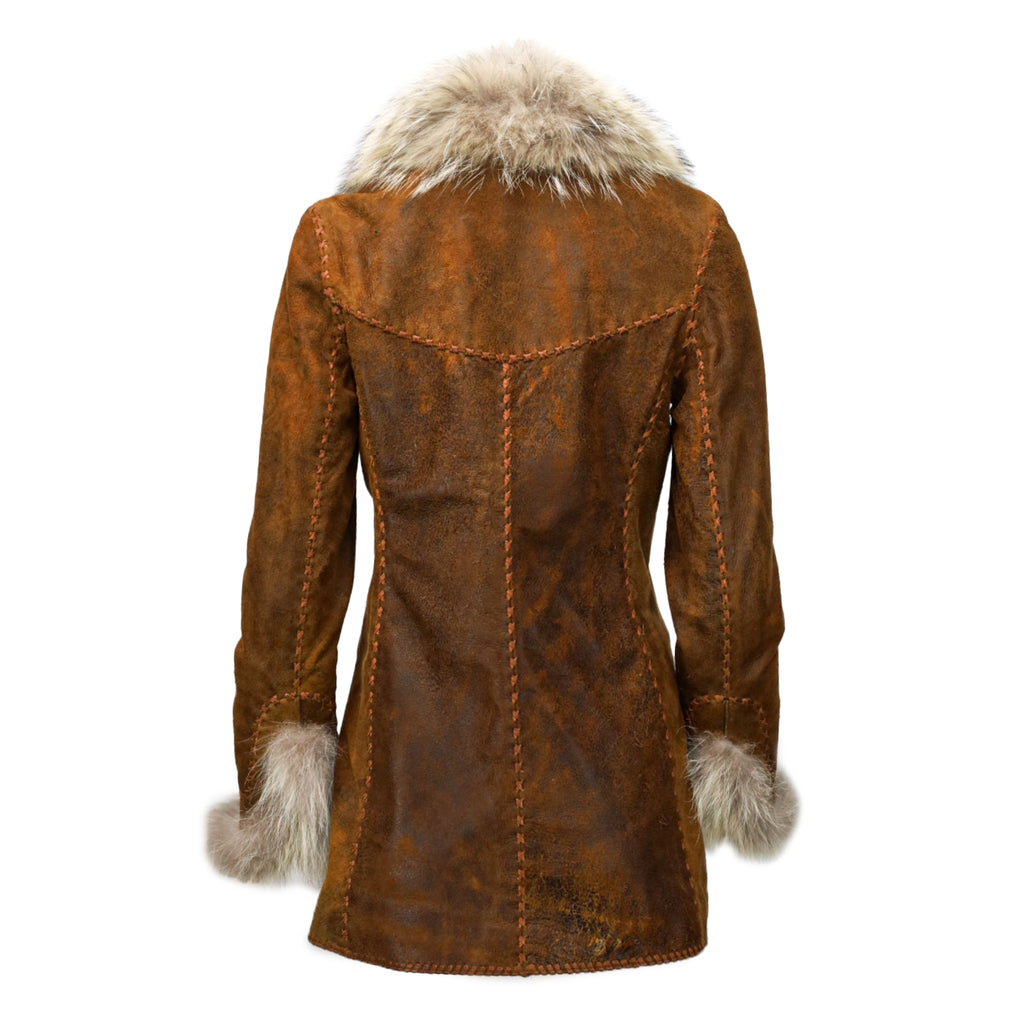 Leather cognac coat with coyote fur Collar