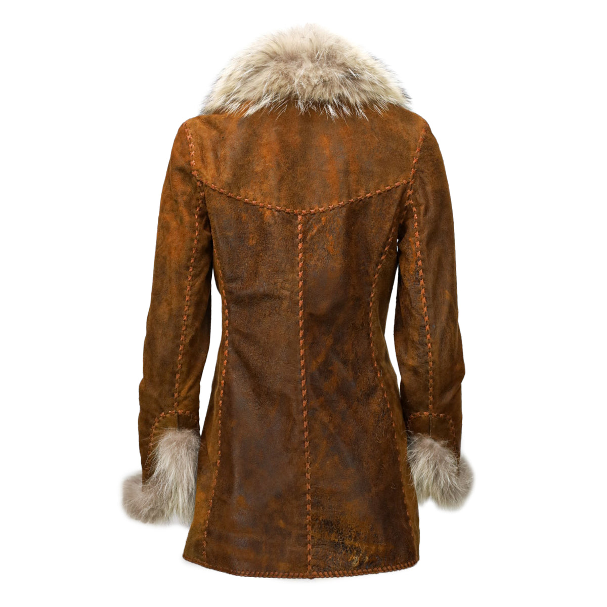Leather cognac coat with coyote fur Collar