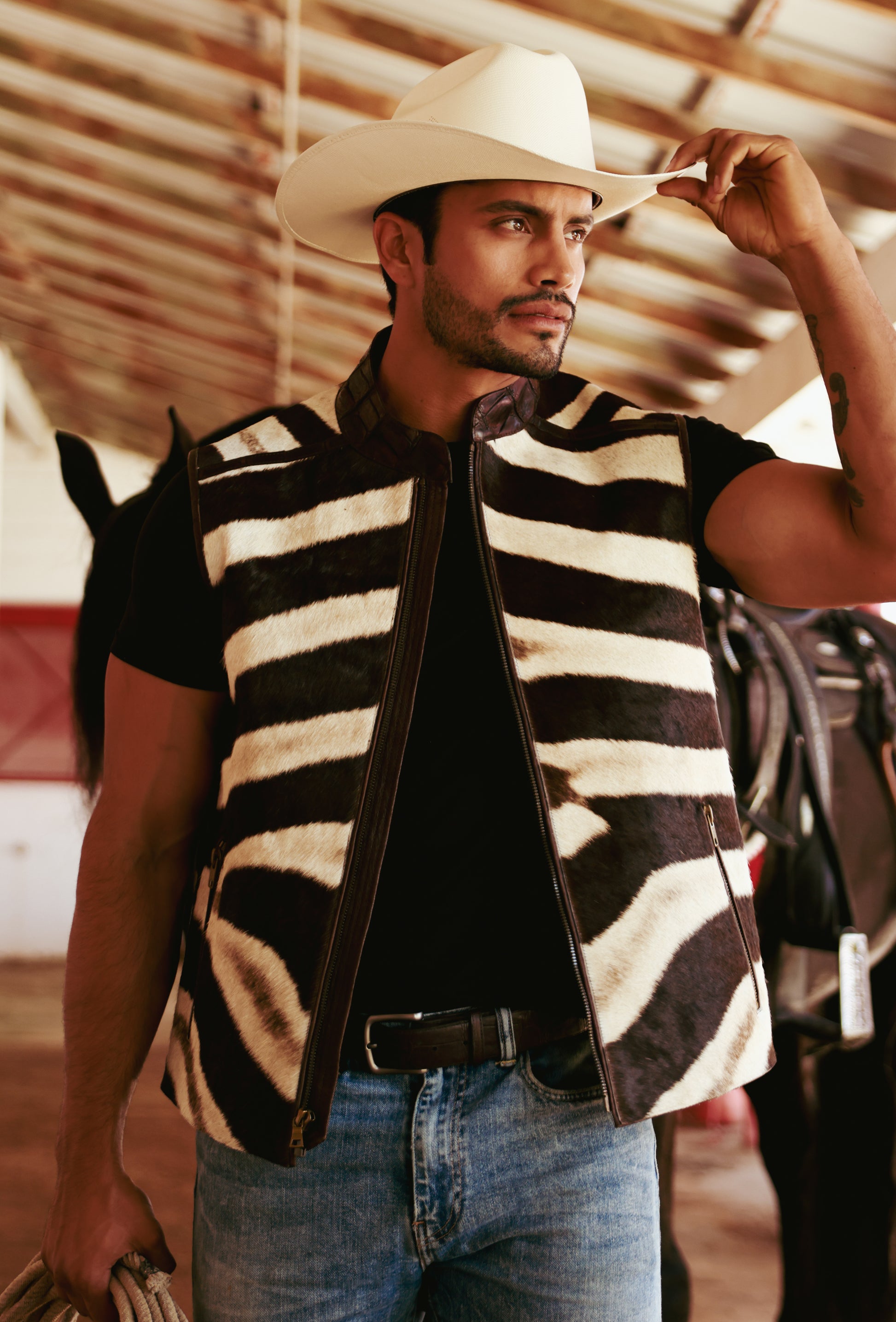 Zebra Leather Vest with Alligator Appliqué