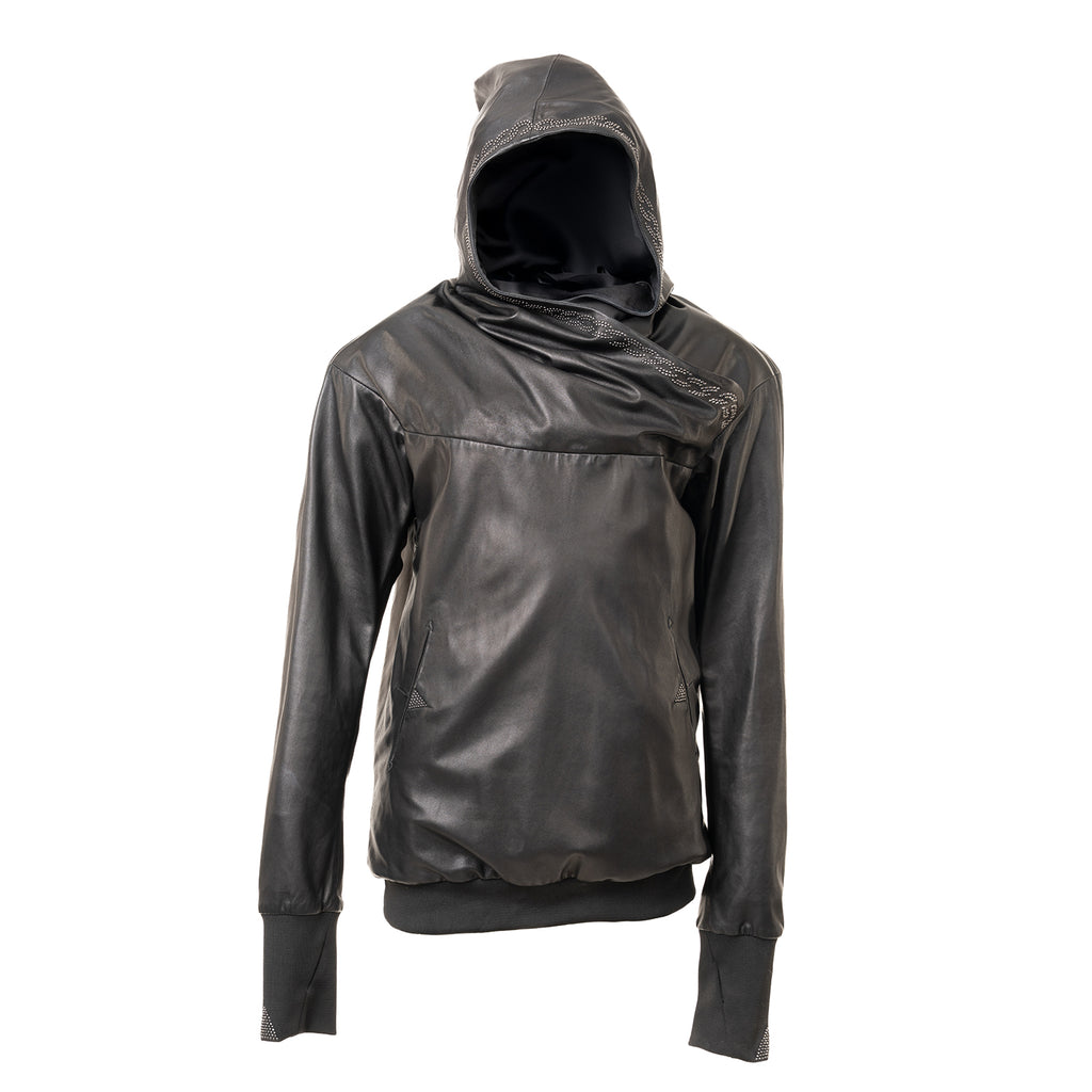 Black Leather Hoodie with Studded Detailing