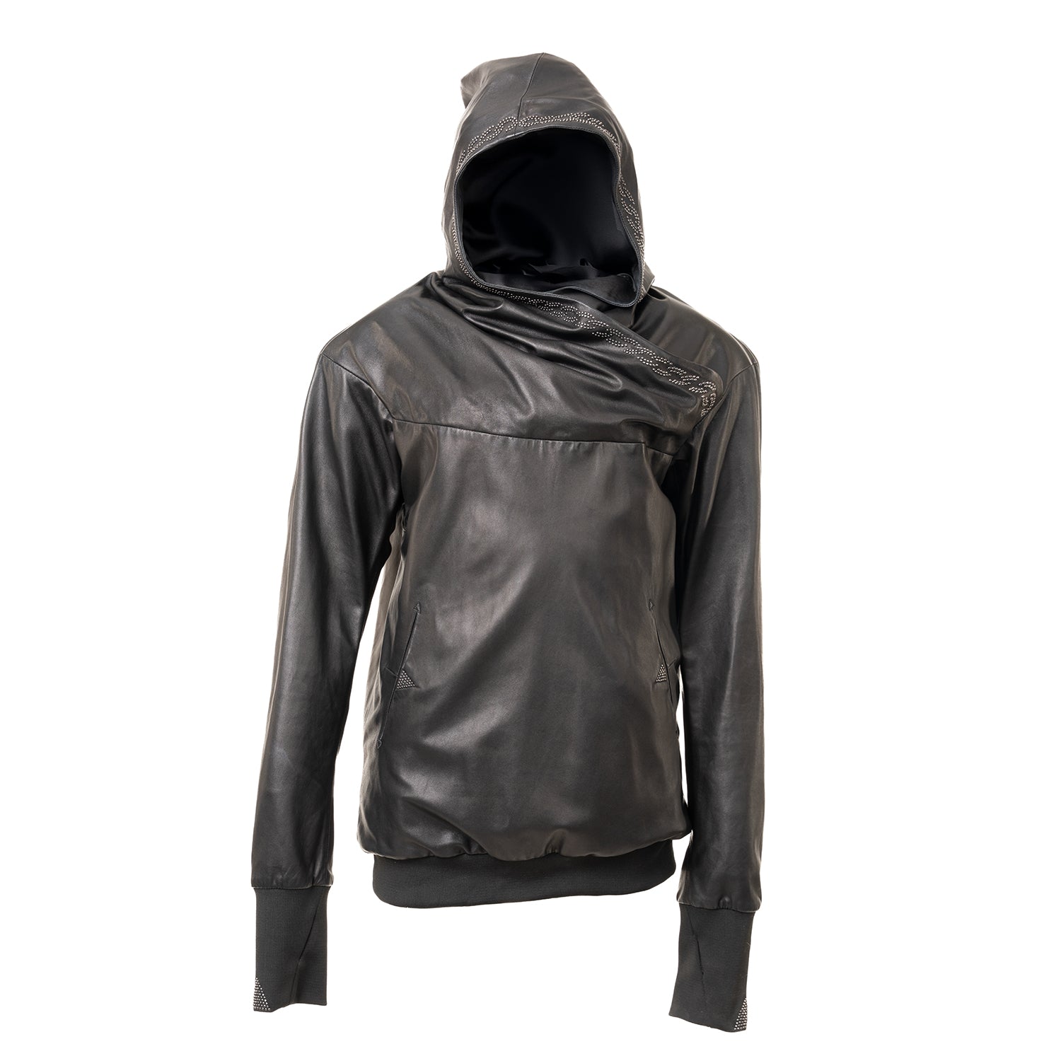 Black Leather Hoodie with Studded Detailing