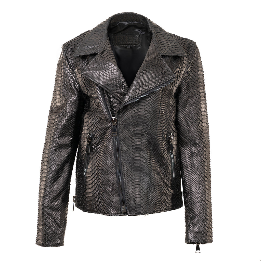 Black Python Leather Jacket with Cross-Zip Closure
