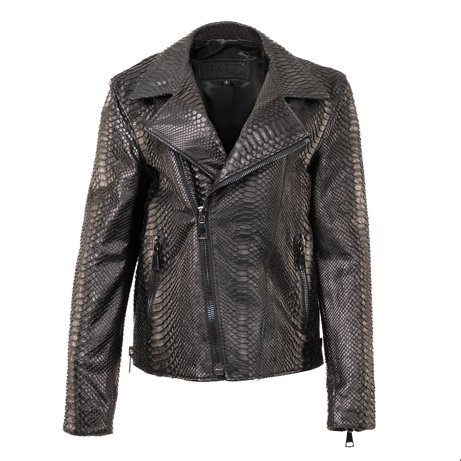 Black Python Leather Jacket with Cross-Zip Closure