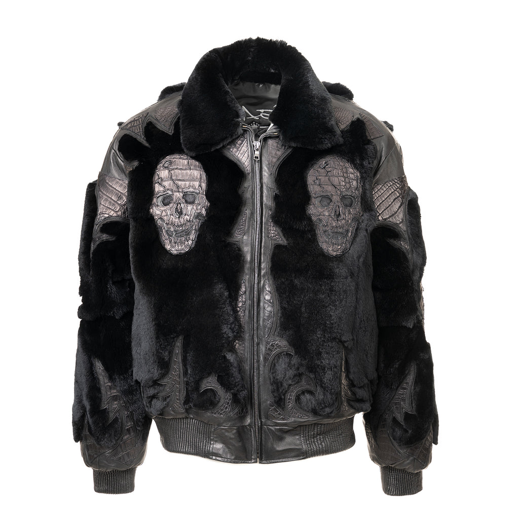 Sculpted Skull Bomber in Leather & Rex Fur
