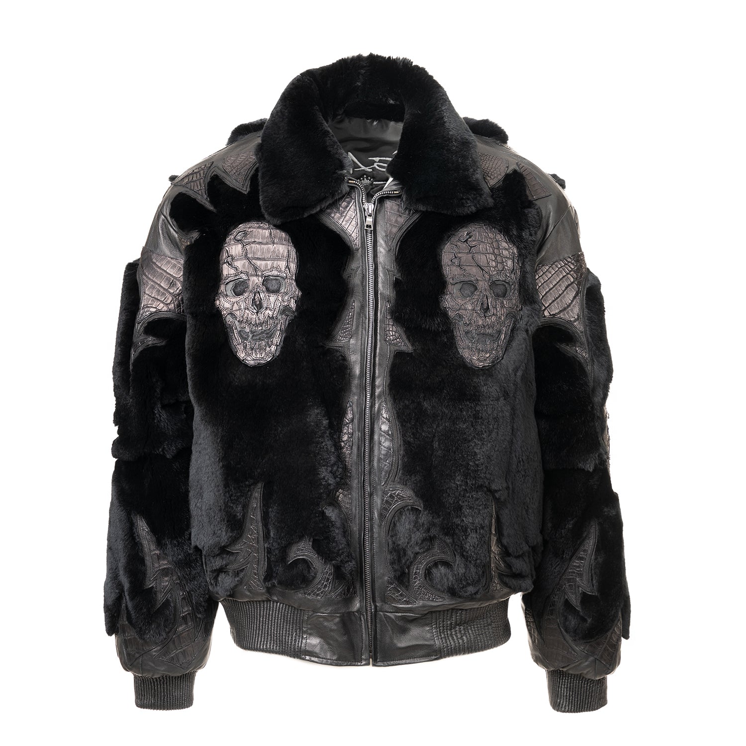 Sculpted Skull Bomber in Leather & Rex Fur