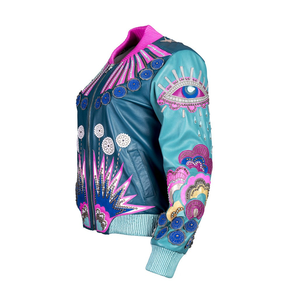 Multicolor Sheepskin Bomber Jacket with Swarovski Details