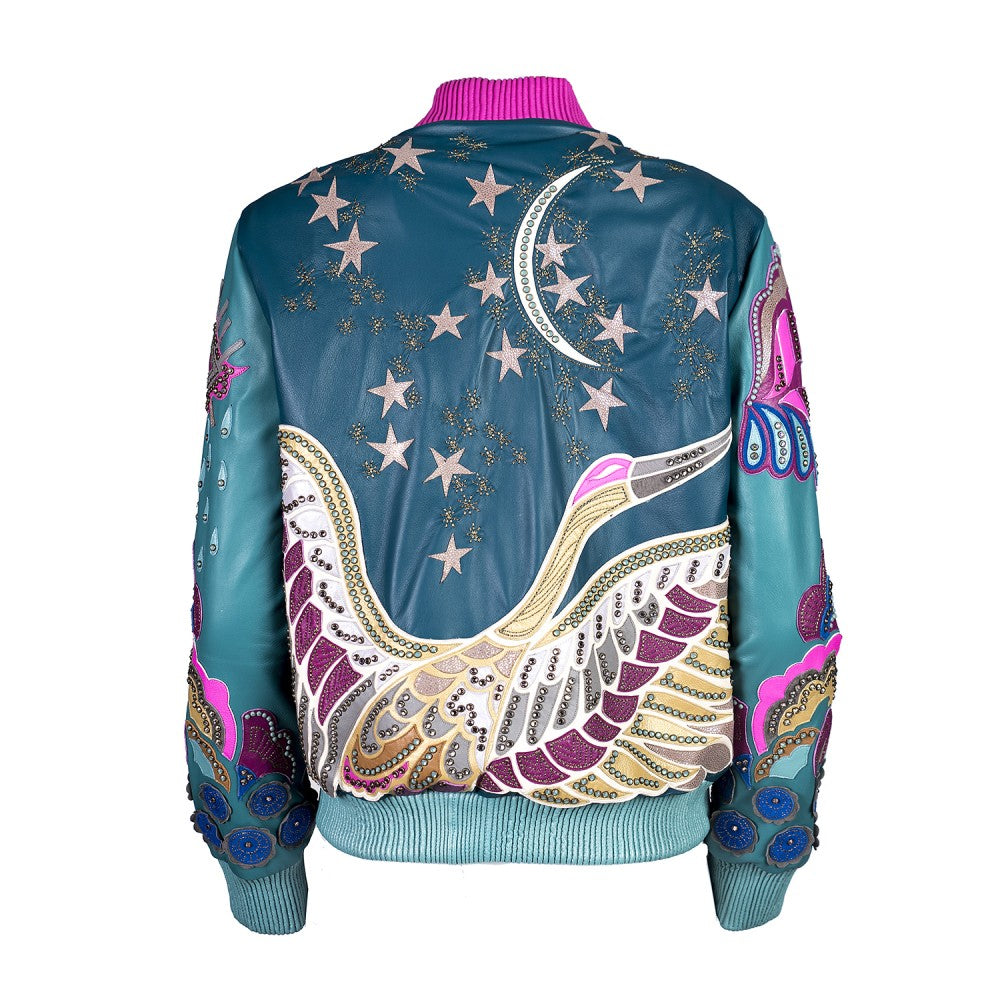 Multicolor Sheepskin Bomber Jacket with Swarovski Details