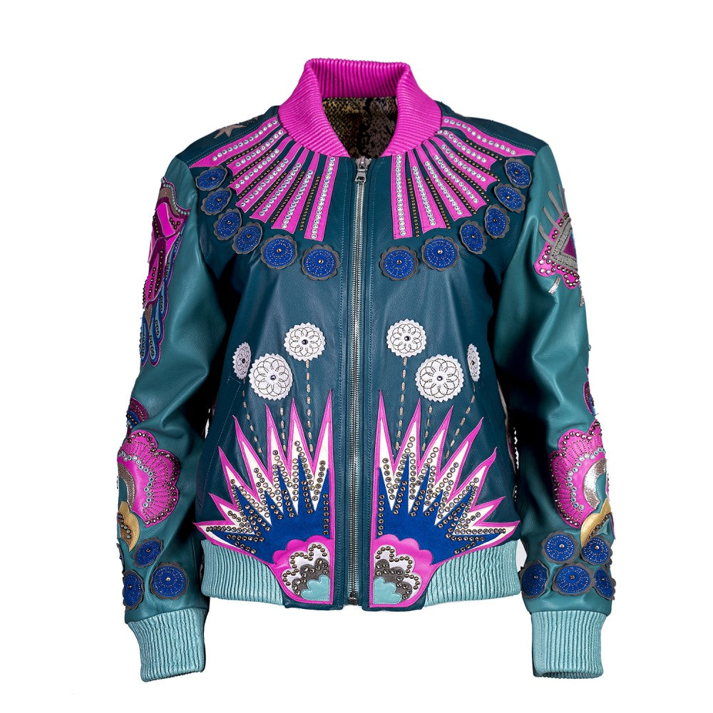 Multicolor Sheepskin Bomber Jacket with Swarovski Details