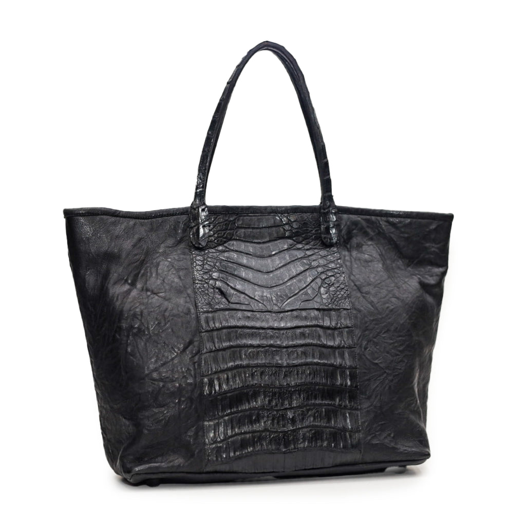 Black Leather and Caiman Panel Tote Bag