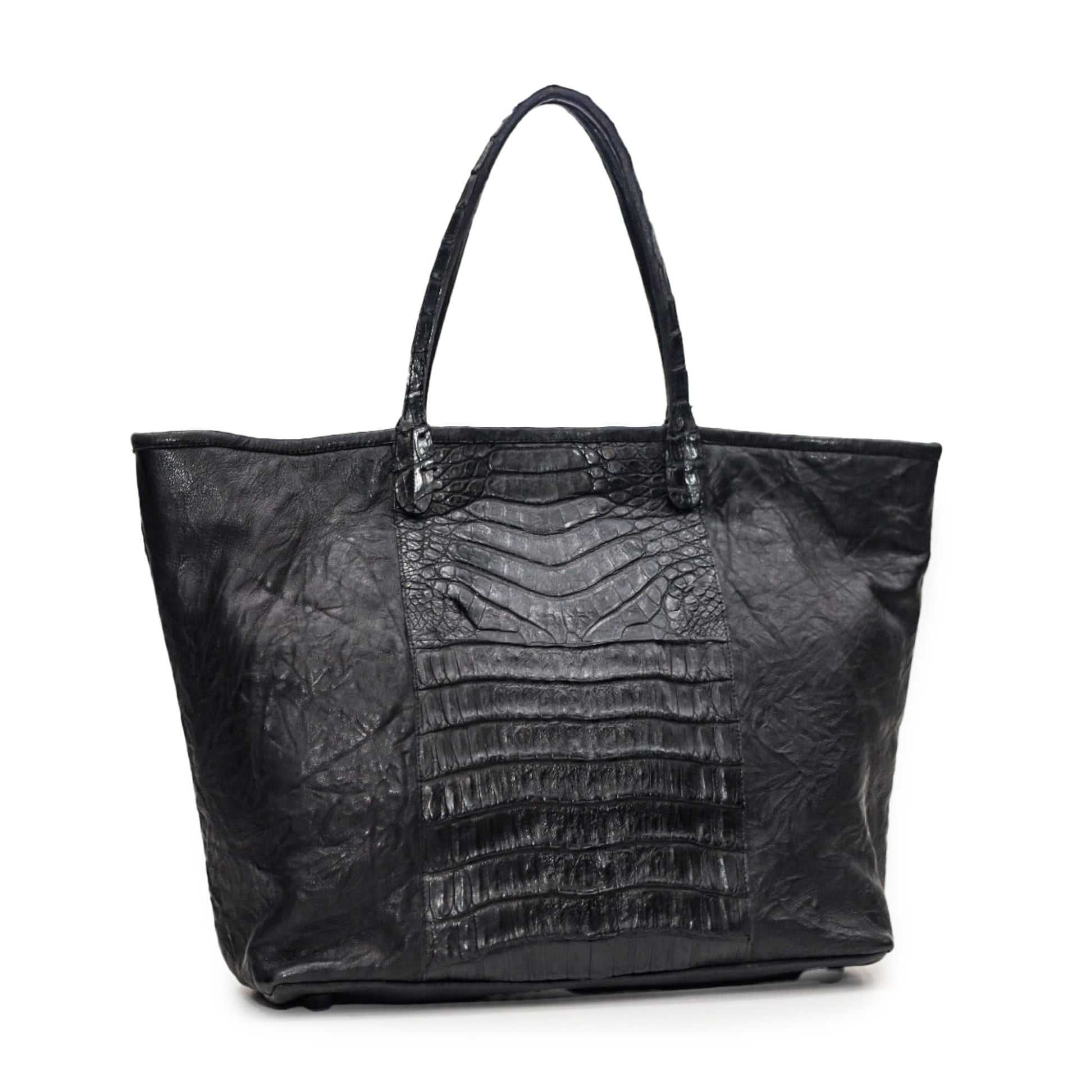 Black Leather and Caiman Panel Tote Bag