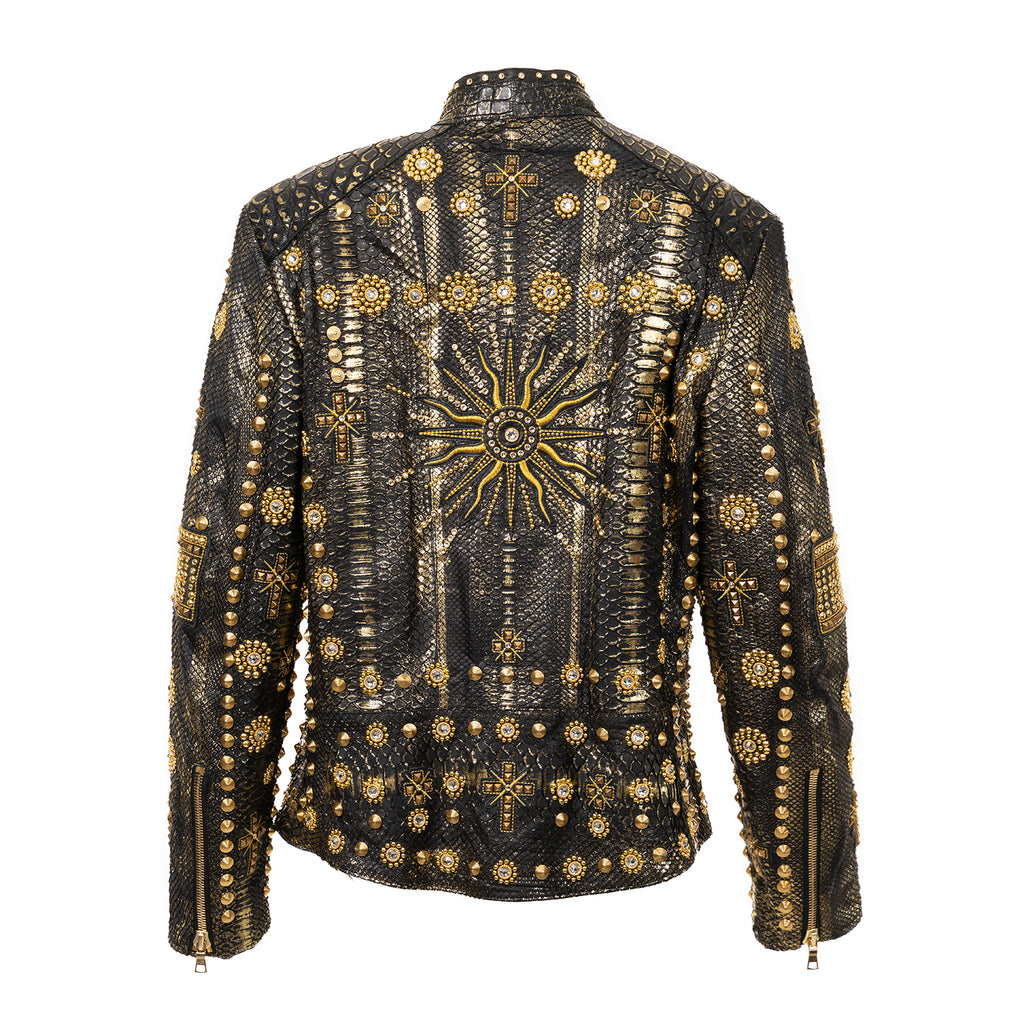 Python Leather Jacket with Gold Metal & Swarovski Inlays