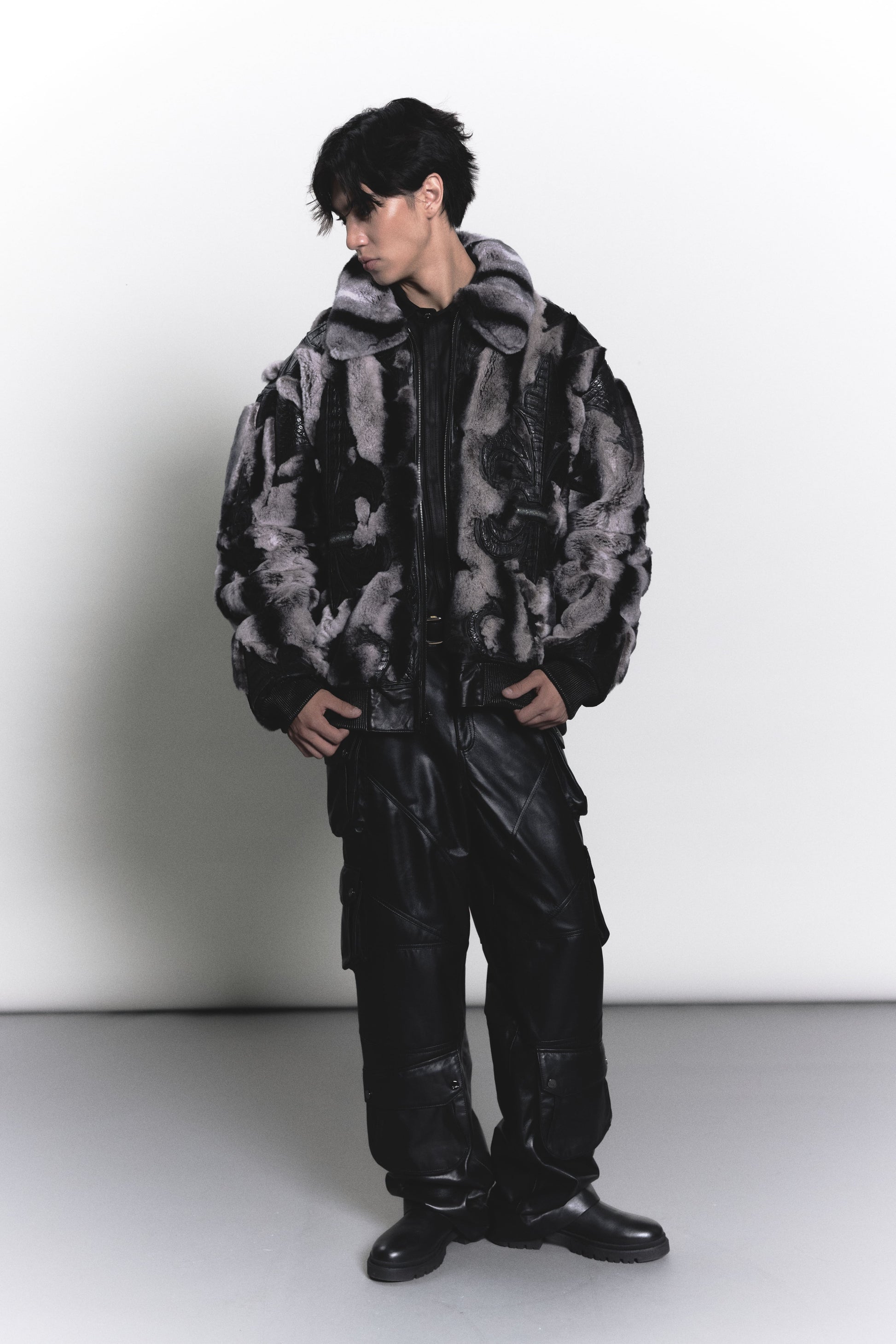 Two-Tone Rabbit Fur Bomber with Sculpted Alligator Leather Accents