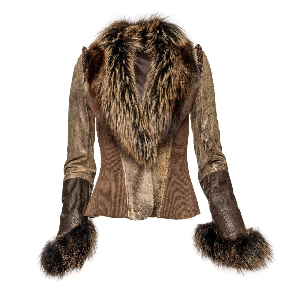 Vintage Sheepskin Leather Jacket with Fox Fur Detail
