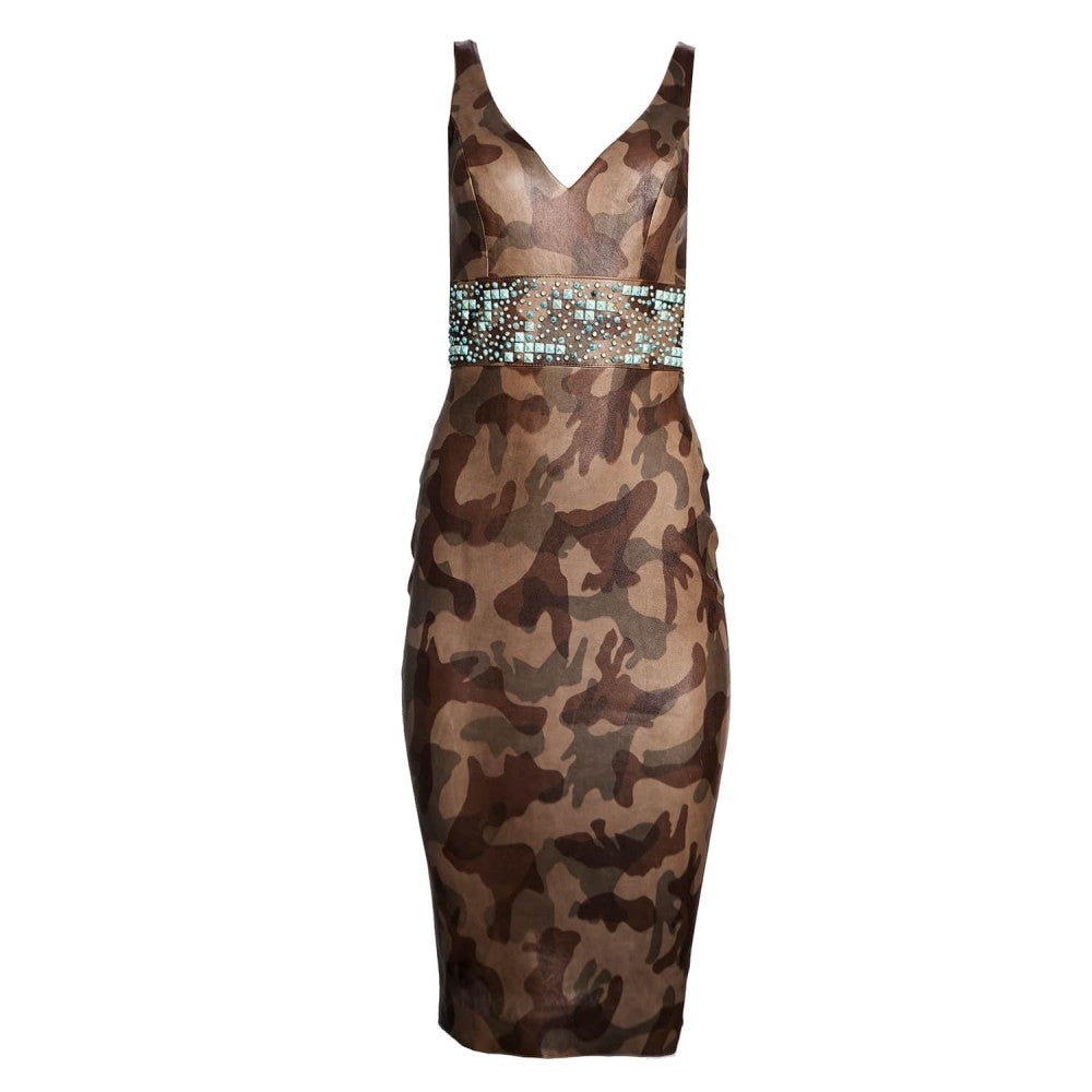 Vestido de piel de oveja de camuflaje con cuello en V