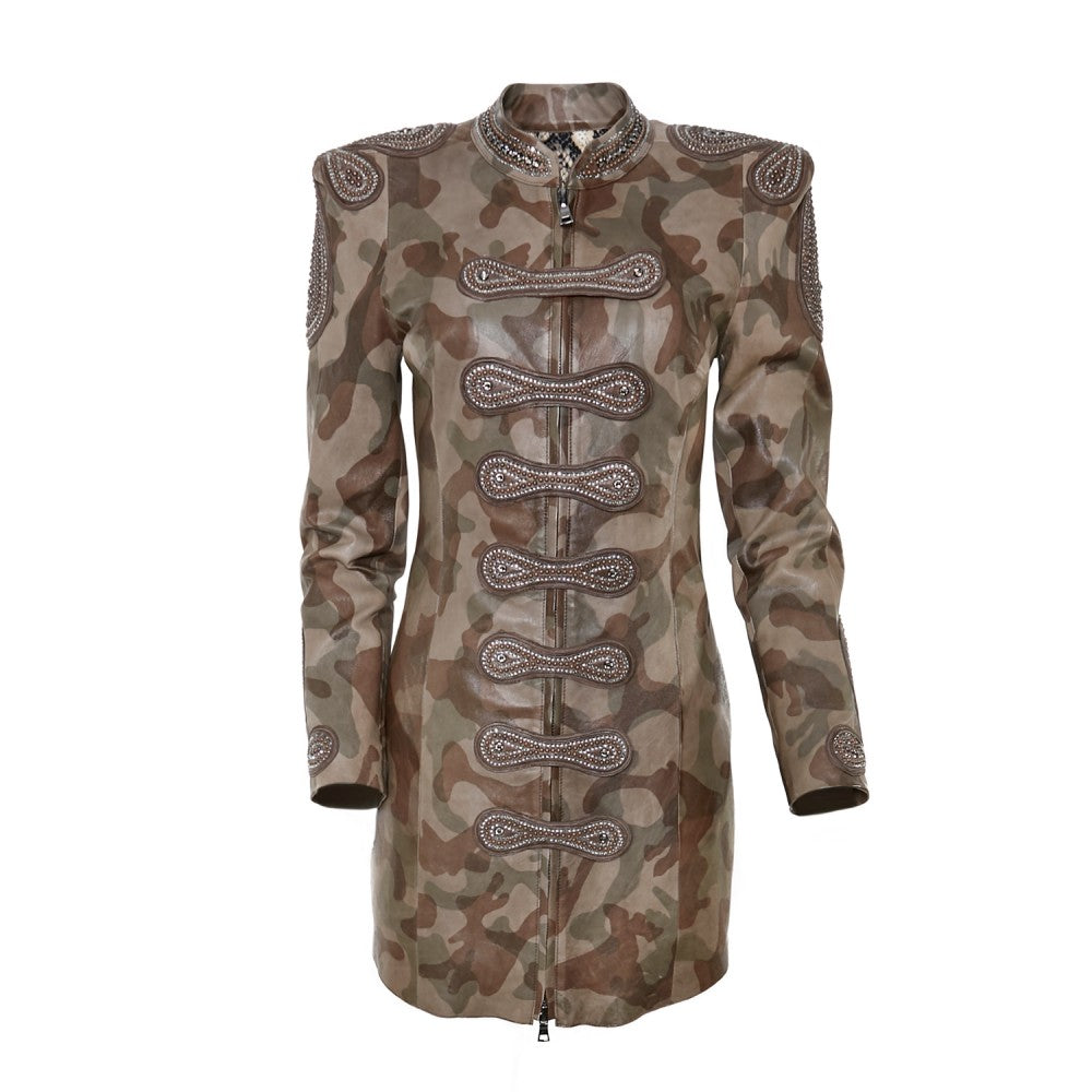 Camouflage Sheepskin Military Jacket with Swarovski Detail
