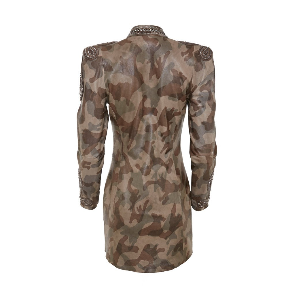 Camouflage Sheepskin Military Jacket with Swarovski Detail