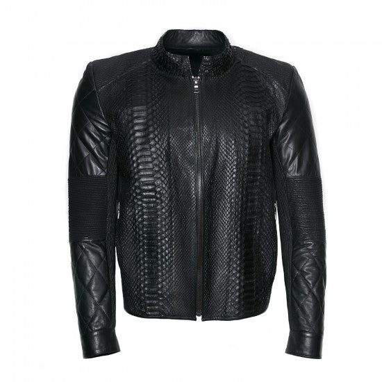 Black Python Snake Skin Jacket with Sheepskin Details