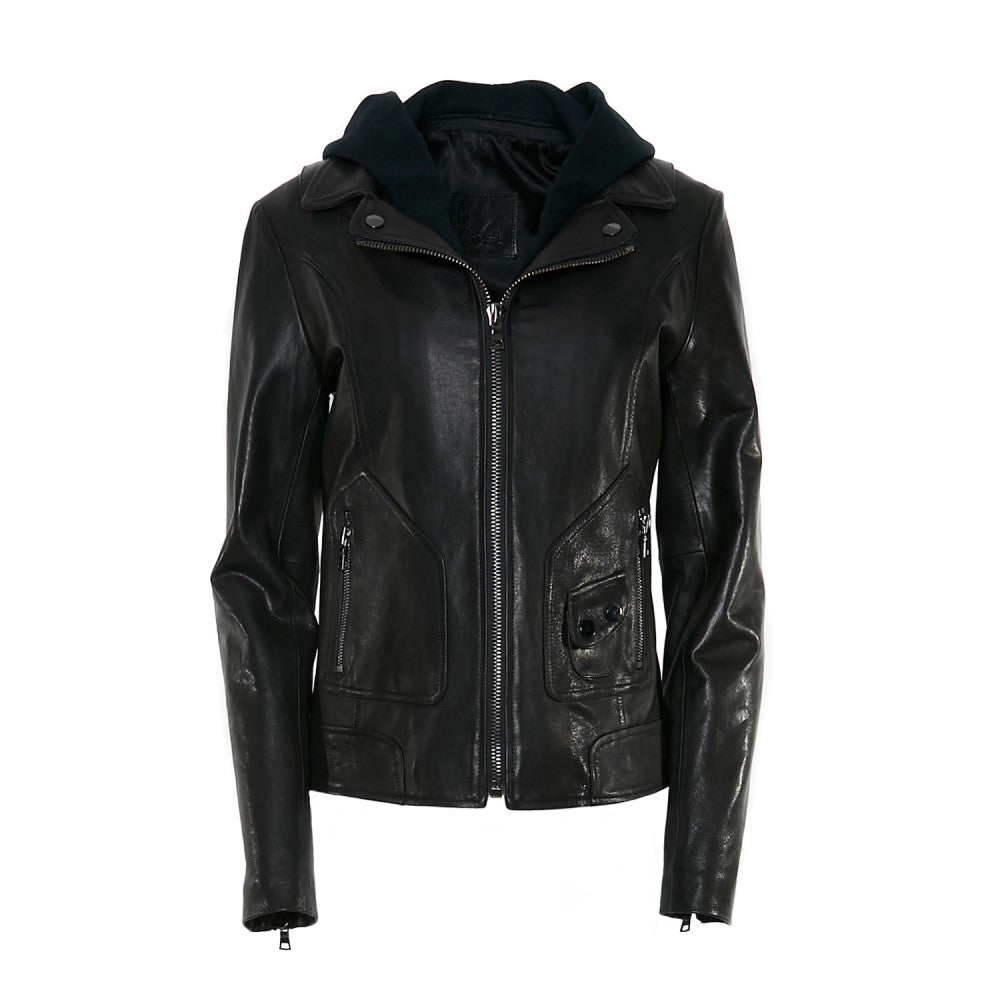 Black Sheep Leather Biker Jacket with Hood