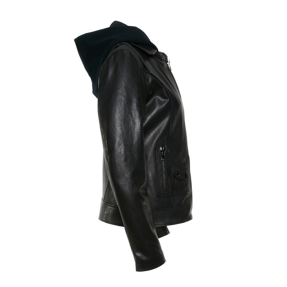 Black Sheep Leather Biker Jacket with Hood