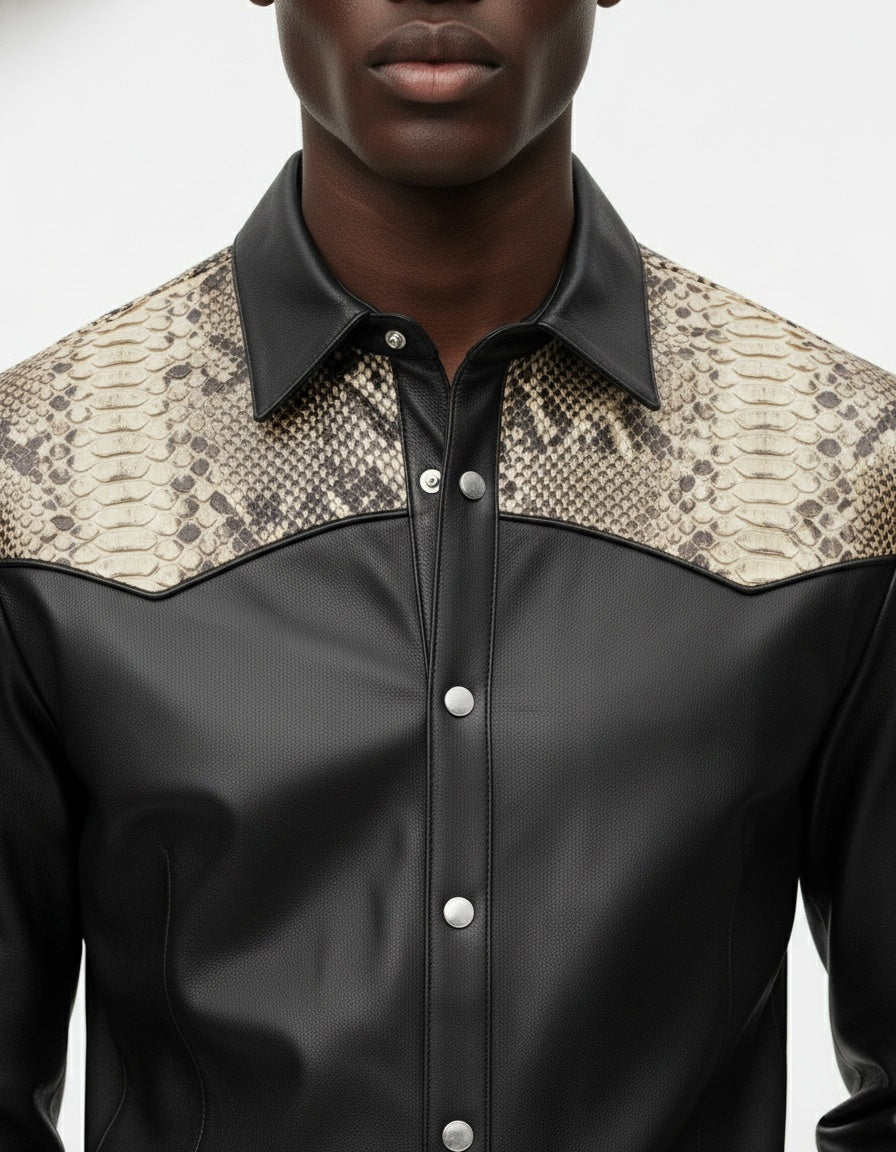 Black Leather Snakeskin Shirt