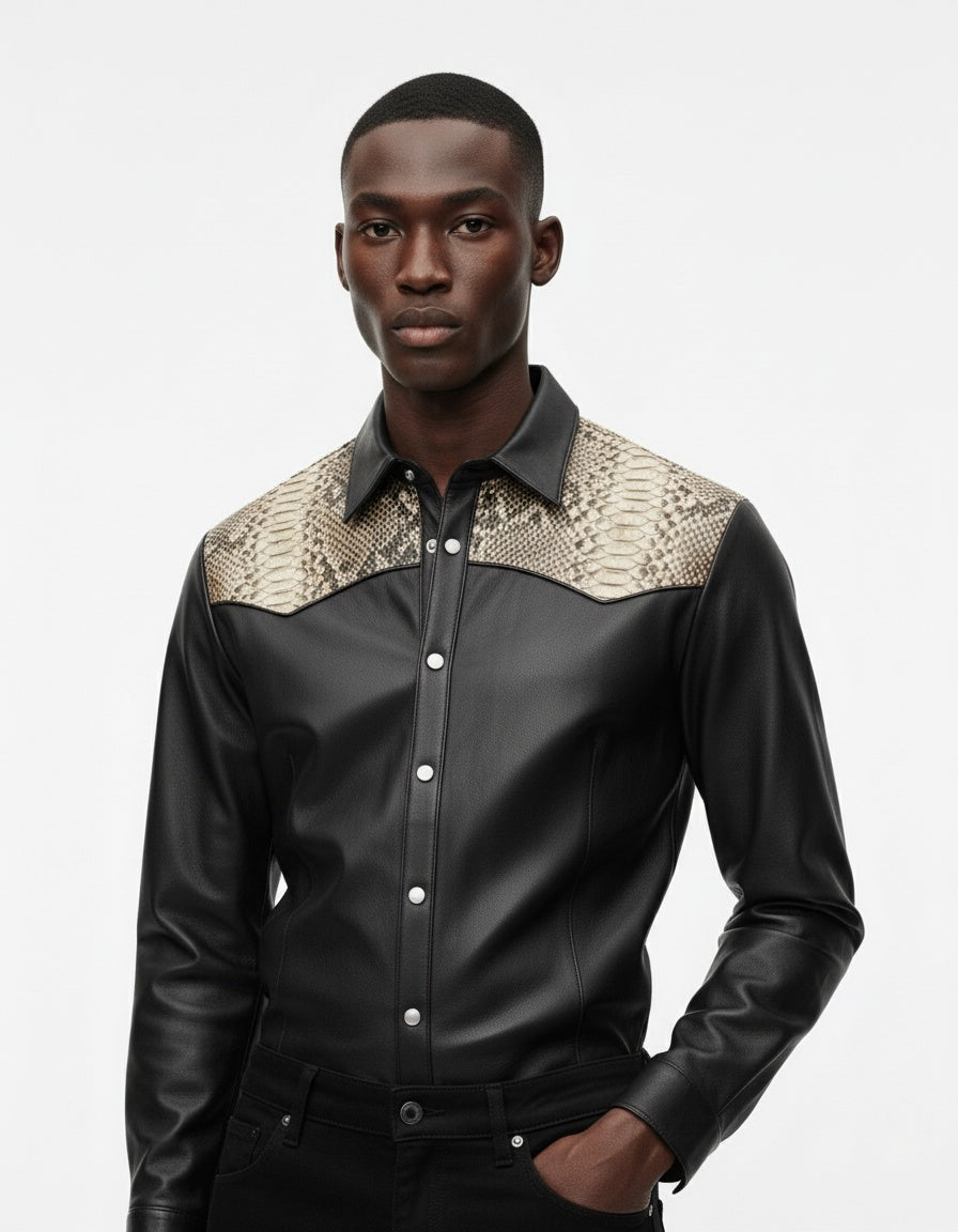 Black Leather Snakeskin Shirt