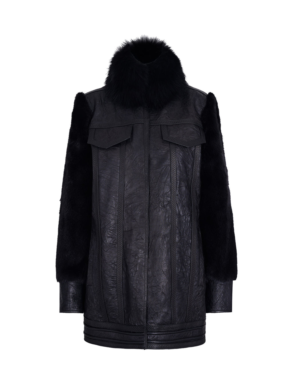 Textured Leather Coat with Mink Collar and Sleeves