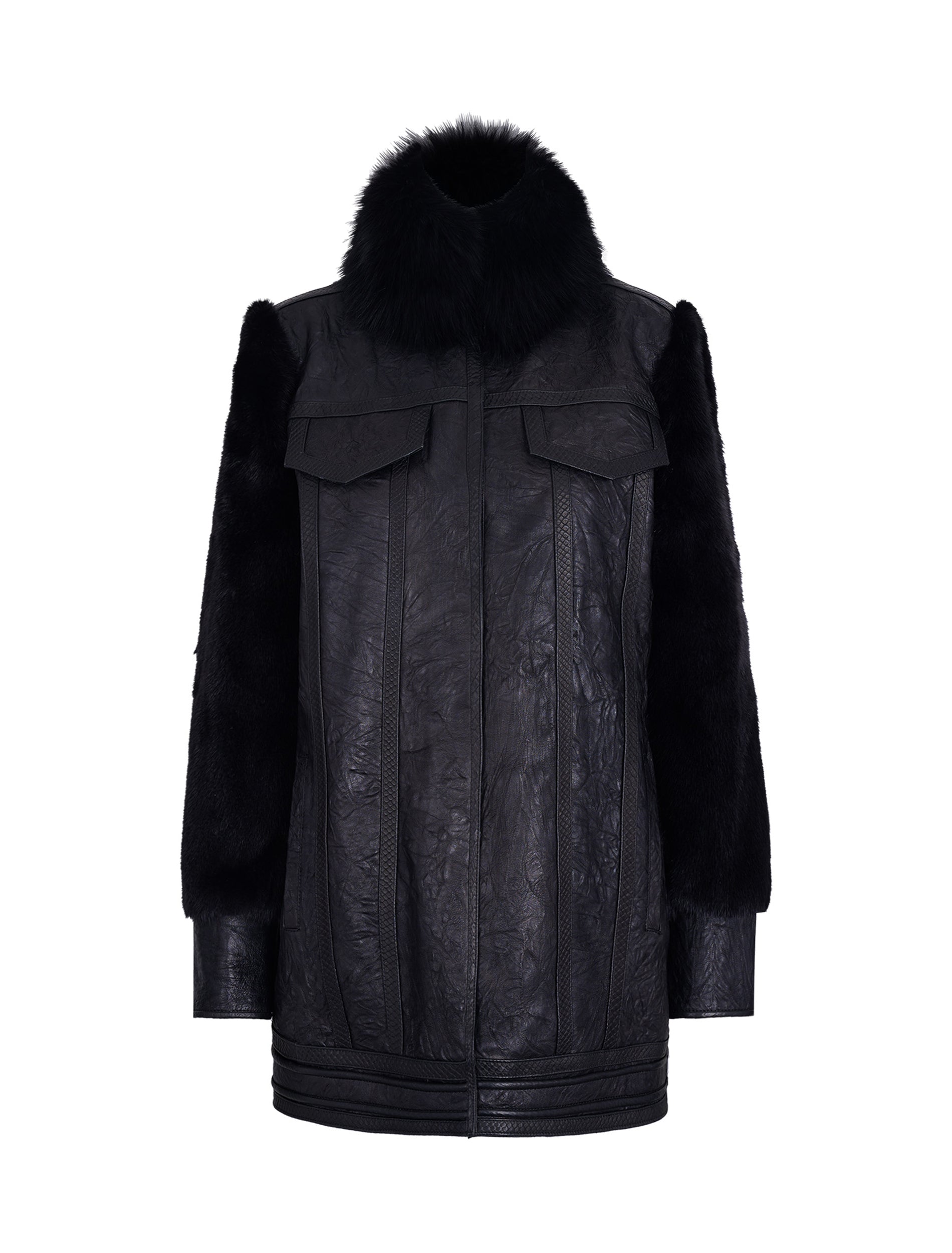 Textured Leather Coat with Mink Collar and Sleeves