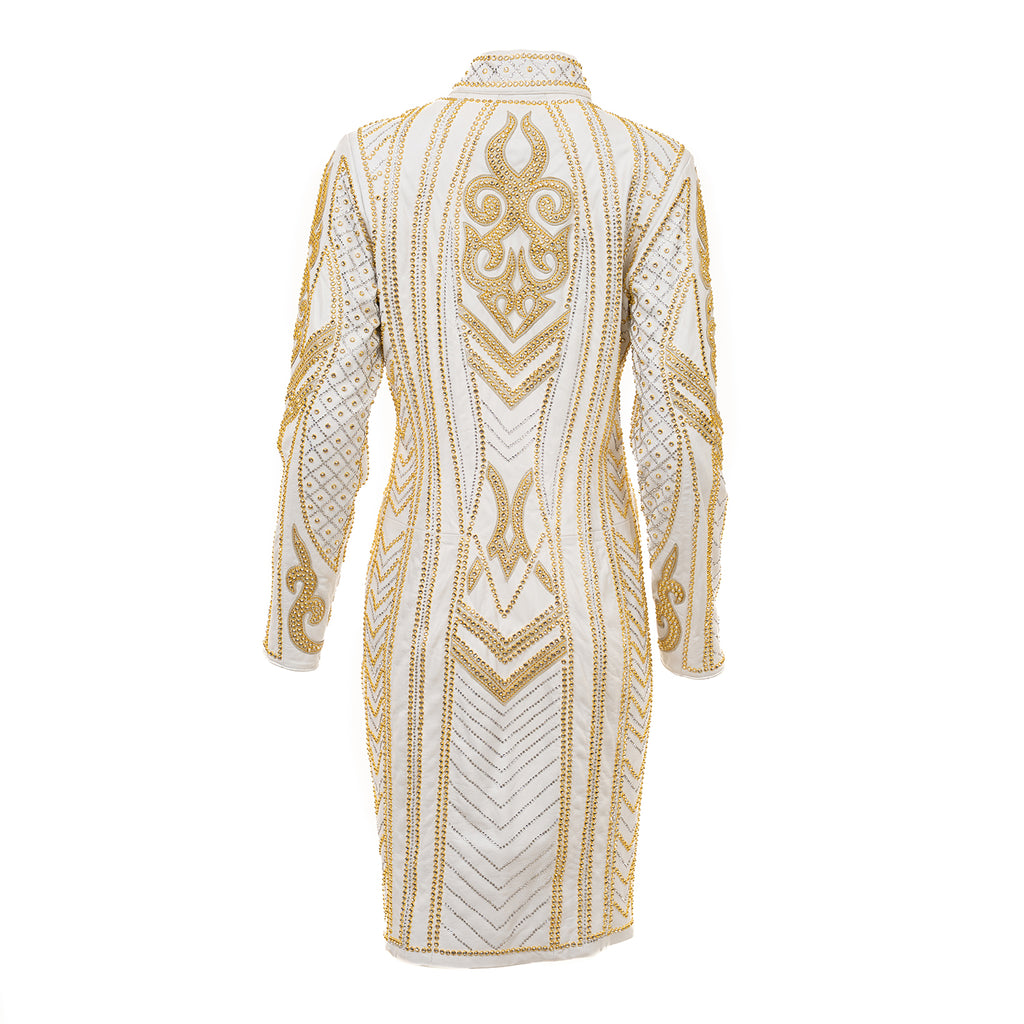 White Leather Coat with Gold Swarovski Embellishments
