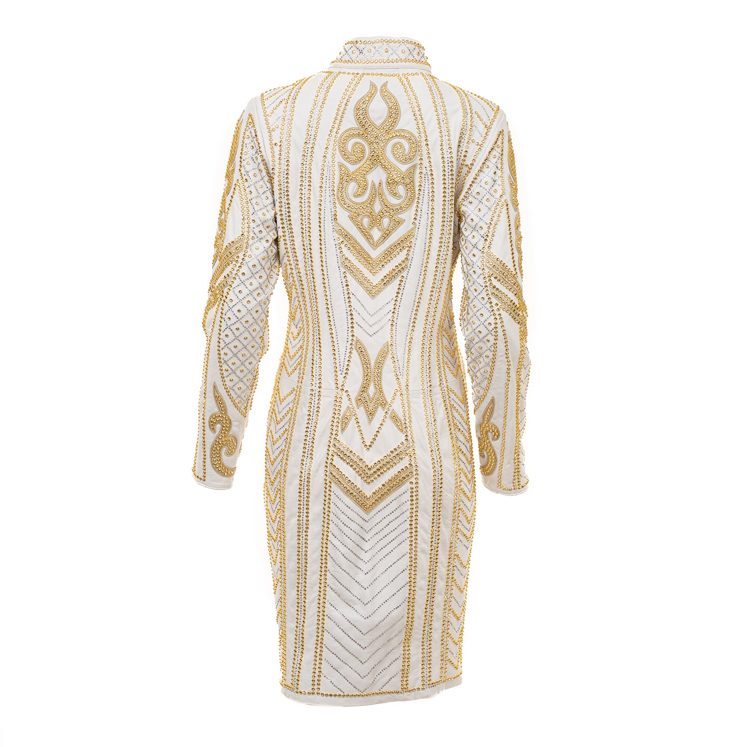White Leather Coat with Gold Swarovski Embellishments