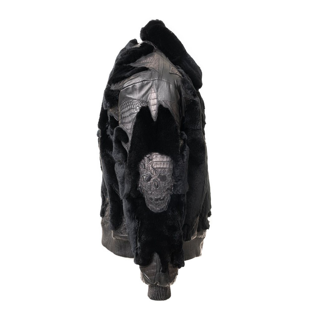 Sculpted Skull Bomber in Leather & Rex Fur