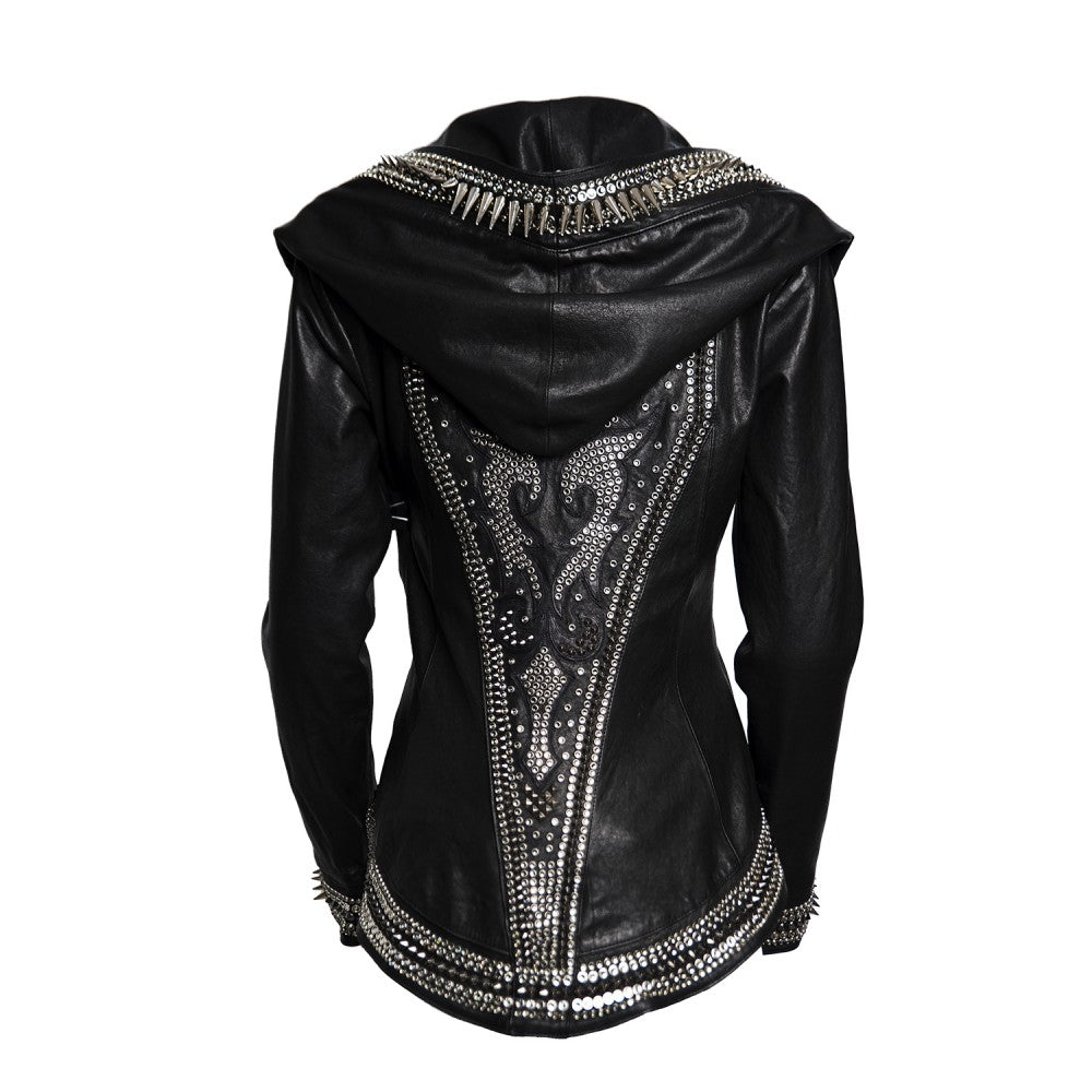 Sheep Leather Hooded Jacket with Swarovski Accents