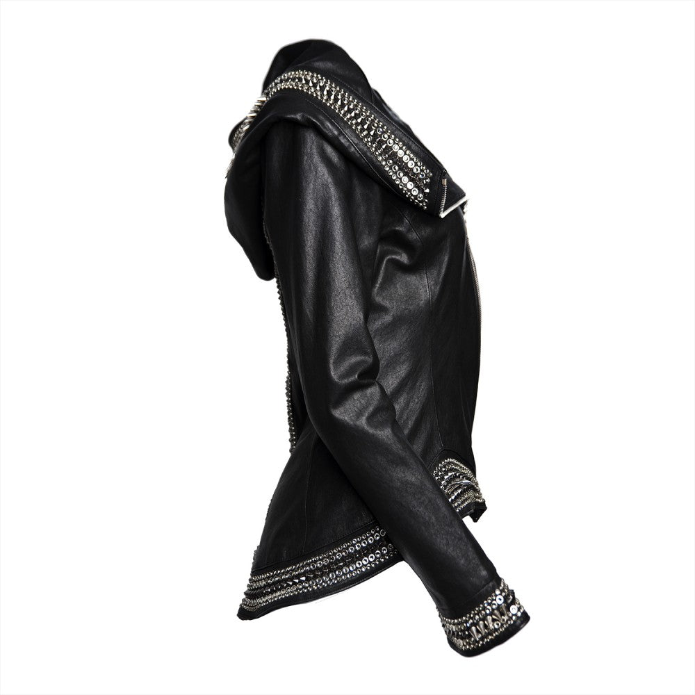 Sheep Leather Hooded Jacket with Swarovski Accents