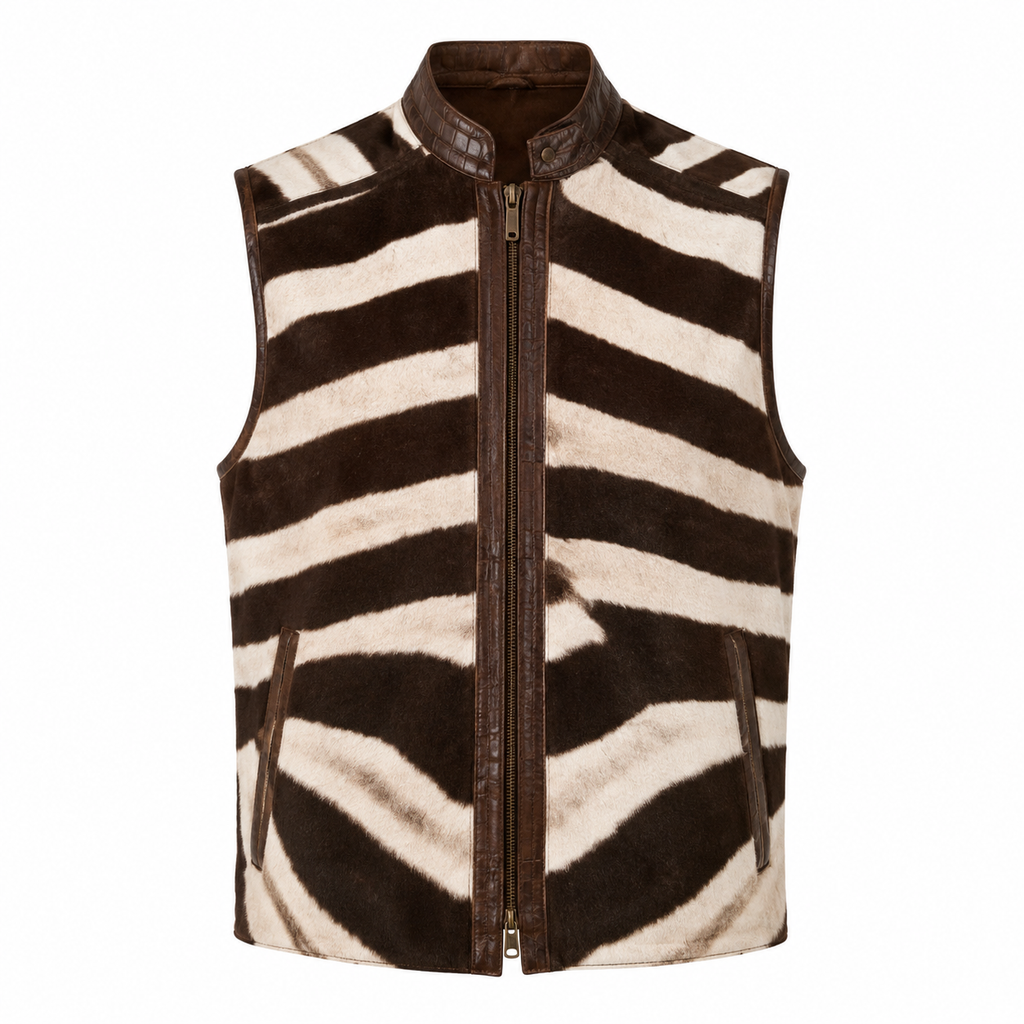 Zebra Leather Vest with Alligator Appliqué