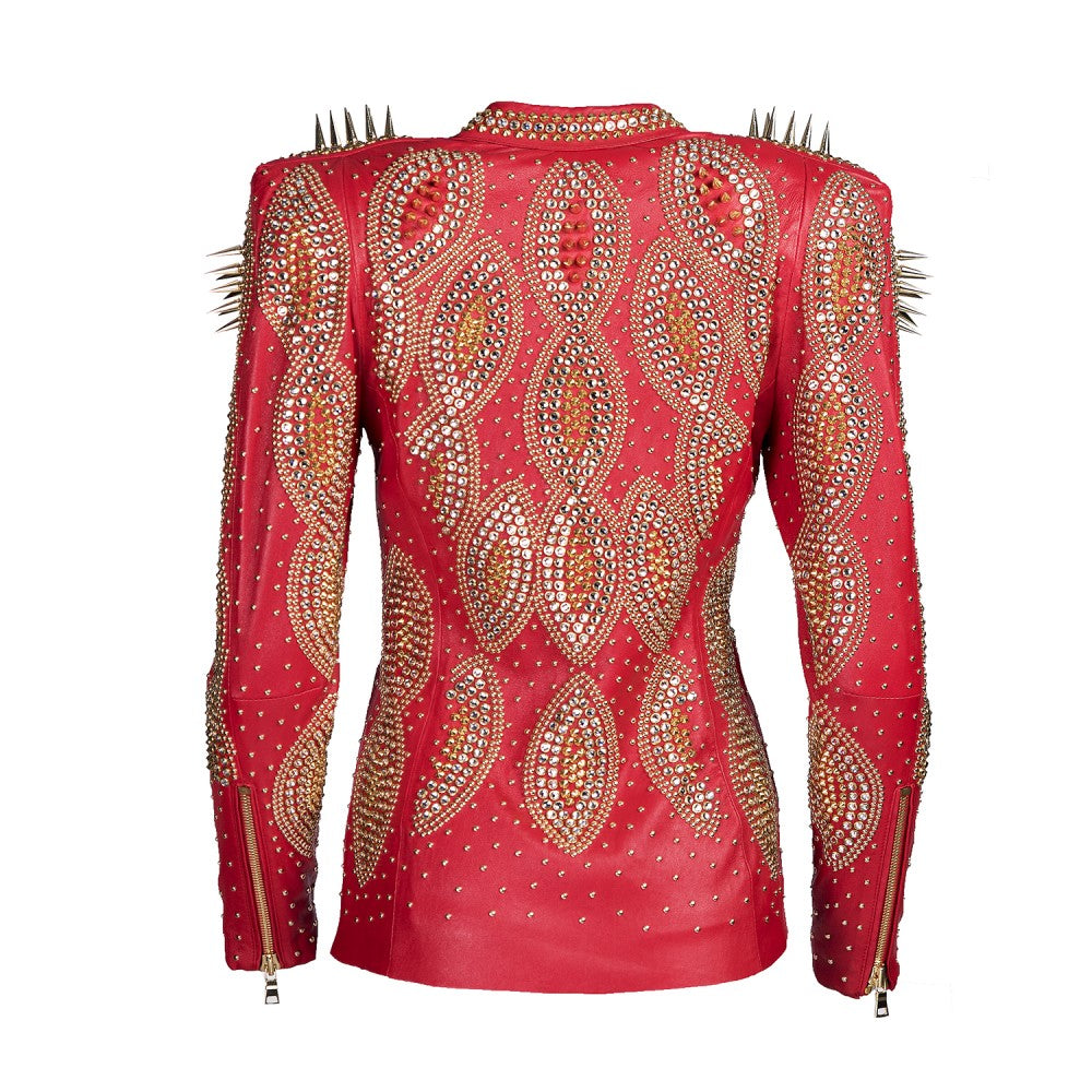 Red Leather Swarovski Embellished Jacket