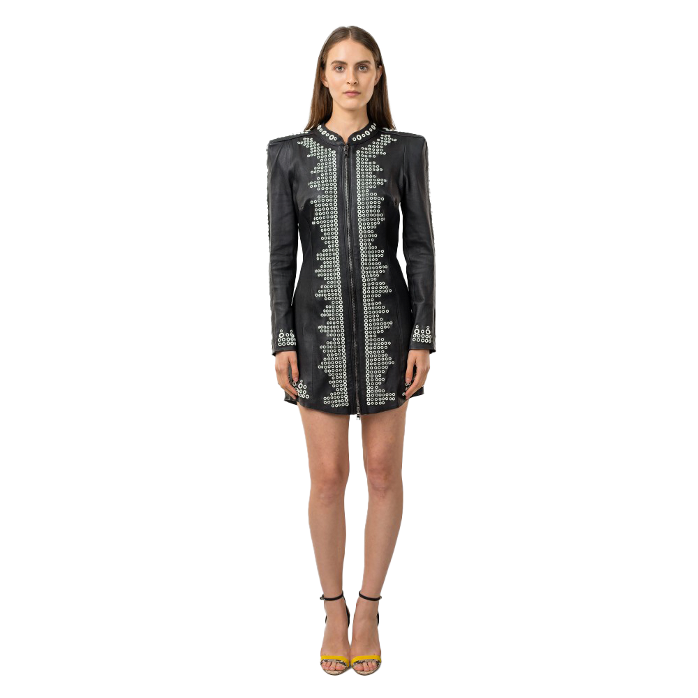 Chaqueta de piel de oveja negra con detalles metálicos