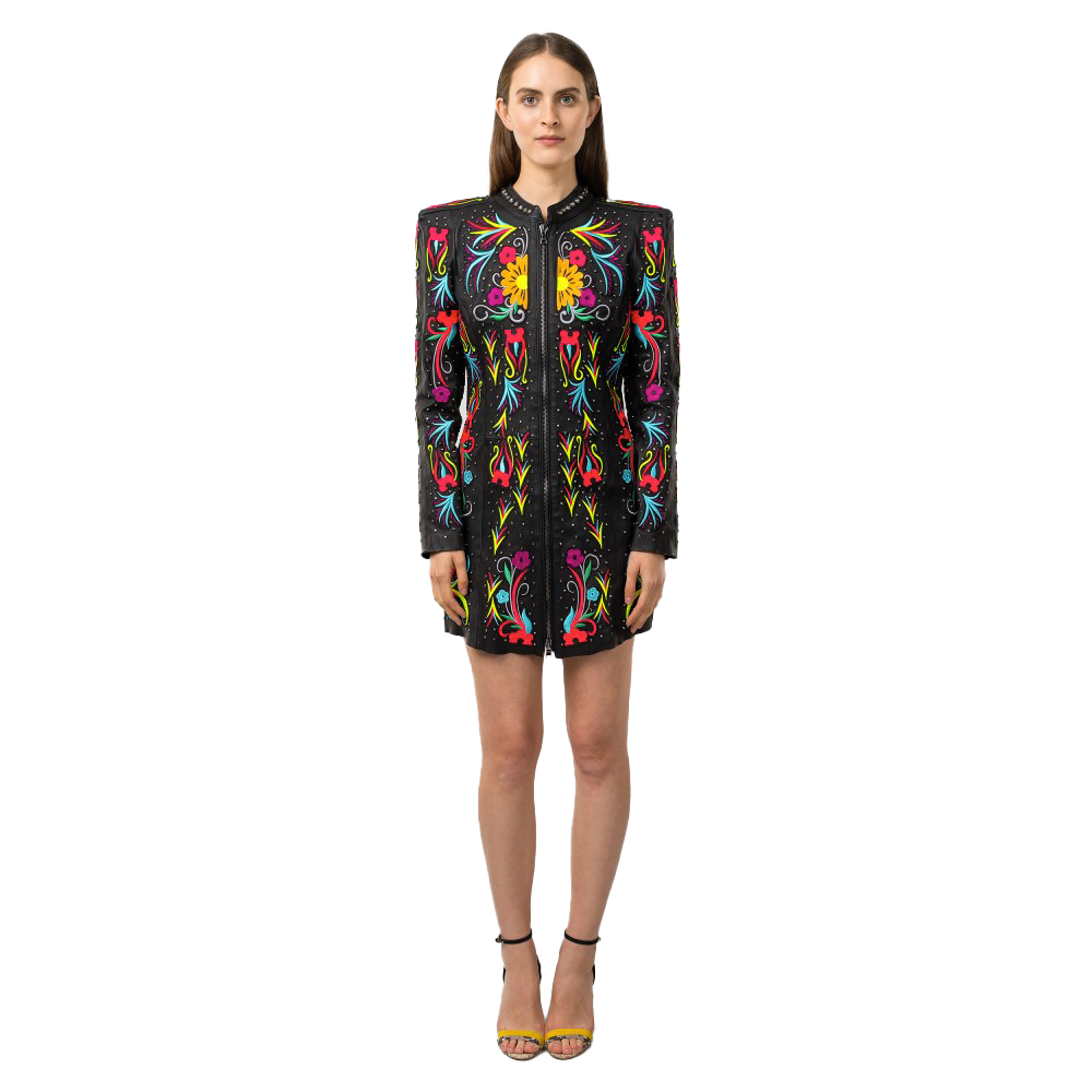 Chaqueta de piel de oveja negra con bordado floral