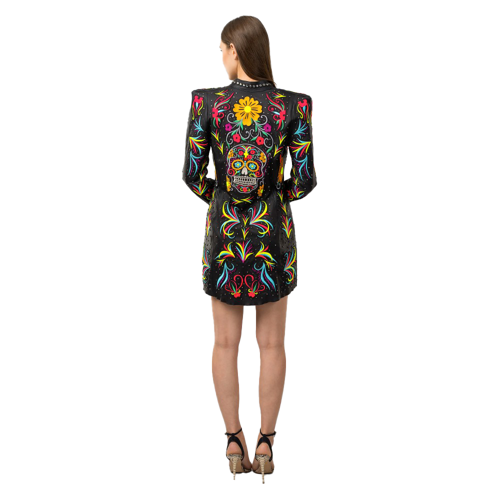 Chaqueta de piel de oveja negra con bordado floral