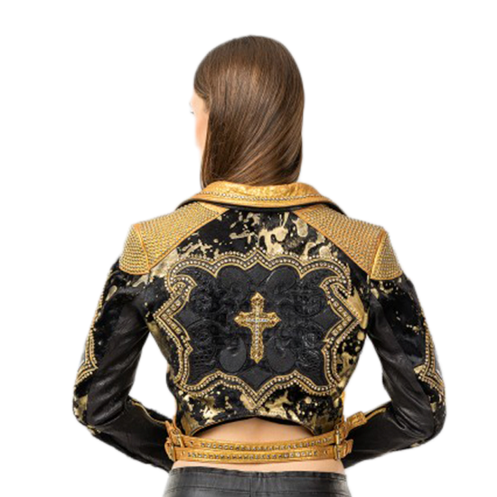 Gold Sheepskin Biker Jacket with Swarovski Accents