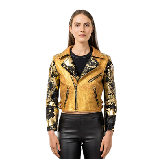 Gold Sheepskin Biker Jacket with Swarovski Accents