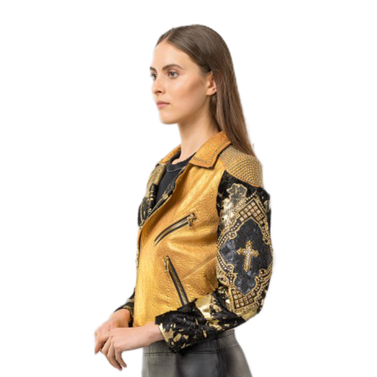 Gold Sheepskin Biker Jacket with Swarovski Accents