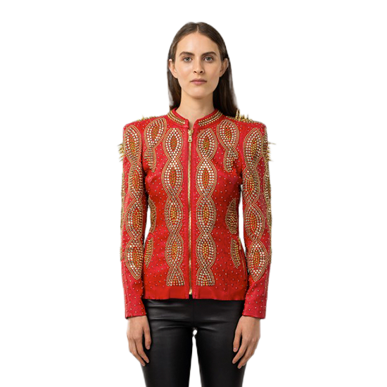 Red Leather Swarovski Embellished Jacket